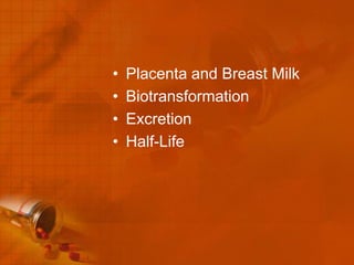 •   Placenta and Breast Milk
•   Biotransformation
•   Excretion
•   Half-Life
 