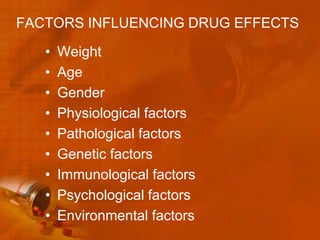 FACTORS INFLUENCING DRUG EFFECTS

   •   Weight
   •   Age
   •   Gender
   •   Physiological factors
   •   Pathological factors
   •   Genetic factors
   •   Immunological factors
   •   Psychological factors
   •   Environmental factors
 
