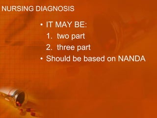 NURSING DIAGNOSIS

        • IT MAY BE:
          1. two part
          2. three part
        • Should be based on NANDA
 