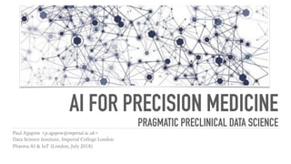 AI FOR PRECISION MEDICINE
PRAGMATIC PRECLINICAL DATA SCIENCE
Paul Agapow <p.agapow@imperial.ac.uk> 
Data Science Institute, Imperial College London
Pharma AI & IoT (London, July 2018)
 