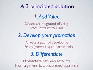 A 3 principled solution
           1. Add Value
     Create an integrated offering
        From Product to Care

 2. Devel...