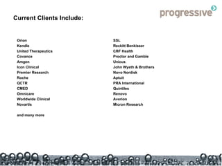 Current Clients Include: Orion Kendle United Therapeutics Covance Amgen Icon Clinical  Premier Research Roche QCTR CMED Omnicare Worldwide Clinical Novartis and many more SSL Reckitt Benkisser CRF Health Proctor and Gamble Unicus John Wyeth & Brothers Novo Nordisk Aptuit PRA International Quintiles Renovo Averion Micron Research 