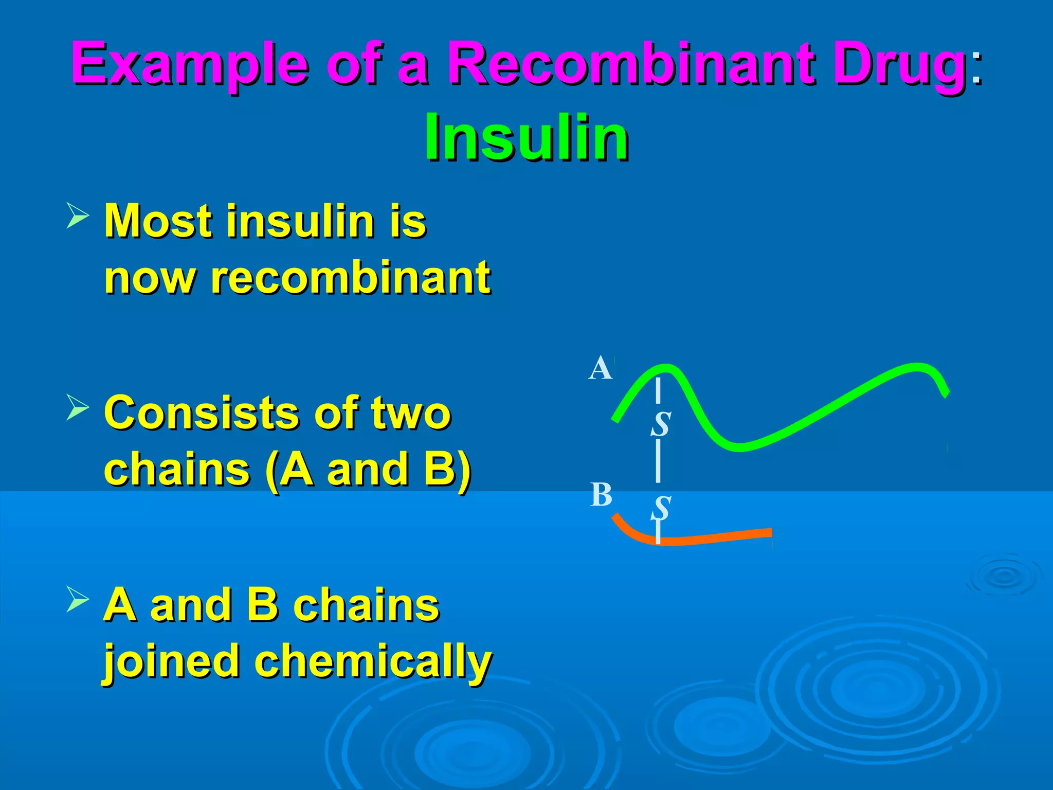 Example of a Recombinant DrugExample of a Recombinant Drug::
InsulinInsulin
 Most insulin isMost insulin is
now recombinantnow recombinant
 Consists of twoConsists of two
chains (A and B)chains (A and B)
 A and B chainsA and B chains
joined chemicallyjoined chemically
S
S
A
B
 