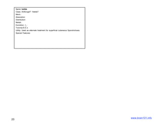 Name: Iodide
     Class: Antifungal? Halide?
     Mech.:
     Absorption:
     Distribution:
     Metab.:
     Excretion, t_:
     Toxicity/S.E.s:
     Utility: Used as alternate treatment for superficial cutaneous Sporotrichosis.
     Special Features:




                                                                                      www.brain101.info
20
 