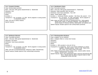 Name: Cinoxacin (Cinobac)                                                     Name: Ciprofloxacin (Cipro)
Class: Nonfluorinated quinolone                                               Class: Fluorinated quinolone
Mech.: Inhib bact. DNA gyrase (topoisomerase II). Bactericidal.               Mech.: Inhib bact. DNA gyrase (topoisomerase II). Bactericidal.
Absorption: Oral                                                              Absorption: Rapid absorption after oral admin.
Distribution:                                                                 Distribution: Good tissue penetration. Poor CSF.
Metab.:                                                                       Metab.: Partial hepatic metab.
Excretion, t_:                                                                Excretion, t_: Glomerular filtration, secretion. Also feces, bile, sputum. 4 hrs.
Toxicity/S.E.s: Usu. not severe. GI, CNS. Not for pregnant or nursing women   Toxicity/S.E.s: Usu. not severe. GI, CNS, arthropathy. Not for pregnant or
                  or prepubertal children.                                                       nursing women or prepubertal children.
Utility: UTIs due to coliform bacteria                                        Utility: Upper and lower UTIs, DOC for Pseudomonas UTIs. Active against
Special Features:                                                                       aerobic gram- bacilli, H. influenzae, Neisseria. Good alternate. for
                                                                                        several causes of infectious diarrhea, osteomyelitis, and patients w/CF.
                                                                              Special Features: Broader spectrum than nonfluorinated quinolones.




Name: Norfloxacin (Noroxin)                                                   Name: Phenazopyridine (Pyridium)
Class: Fluorinated quinolone                                                  Class: Analgesic (not an antibiotic)
Mech.: Inhib bact. DNA gyrase (topoisomerase II). Bactericidal.               Mech.: Analgesic effect on urinary tract mucosa.
Absorption: Oral admin.                                                       Absorption:
Distribution: Good tissue penetration.                                        Distribution:
Metab.:                                                                       Metab.:
Excretion, t_:                                                                Excretion, t_: 90% excreted in urine w/in 24 hrs.
Toxicity/S.E.s: Usu. not severe. GI, CNS. Not for pregnant or nursing women   Toxicity/S.E.s: GI, headaches. Not for use w/renal insufficiency or severe
                  or prepubertal children.                                                        hepatitis. Hemolytic anemia. Cancer in rats. Stains urine,
Utility: UTIs due to Enterobacteriaceae, Enteroccus, Staph, Pseudomonas.                          skin, sclera, and contact lenses red-orange.
Special Features: Broader spectrum than nonfluorinated quinolones.            Utility: Relief of dysuria and urethral irritation assoc. w/acute cystitis, trauma,
                                                                                        surgery, catheterization, endoscopy.
                                                                              Special Features: When used w/antibacterial agent, should be discontinued after
                                                                                                     48 hr. Should never be used on long-term basis to mask
                                                                                                     undiagnosed urinary tract pain.




                                                                                                                                       www.brain101.info
  9
 