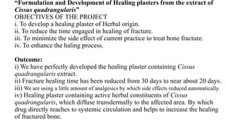 “Formulation and Development of Healing plasters from the extract of
Cissus quadrangularis”
OBJECTIVES OF THE PROJECT
i. To develop a healing plaster of Herbal origin.
ii. To reduce the time engaged in healing of fracture.
iii. To minimize the side effect of current practice to treat bone fracture.
iv. To enhance the haling process.
Outcome:
i) We have perfectly developed the healing plaster containing Cissus
quadrangularis extract.
ii) Fracture healing time has been reduced from 30 days to near about 20 days.
iii) We are using a little amount of analgesics by which side effects reduced automatically.
iv) Healing plaster containing active herbal constituents of Cissus
quadrangularis, which diffuse transdermally to the affected area. By which
drug directly reaches to systemic circulation and helps to increase the healing
of fractured bone.
 