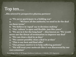 … fibs uttered by prospective pharma partners 1 10. “ We never participate in a bidding war ” 9.  “ We have all the authority we need to do the deal on these terms ” 8.  “ We believe in  ‘ equal ’  say in decision making ” 7.  “ Our  ‘ culture ’  is open and flexible, just like yours ” 6.  “ We are in it for the long haul ”  – Also known as:  “ We would never use the threat of termination to improve our deal ” 5.  “ We can close a deal in 30 days ” 4.  “ We cannot possibly close a deal in 30 days ” 3.  “ This is our best and final offer ” 2.  “ Our primary motive is to help suffering patients ” 1.  “ We will treat your molecule like it was discovered by our own scientists ” 1 Proceedings of the 22 nd  JP Morgan Healthcare Conference, L. Schleifer, CEO, Regeneron 