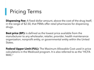 Pricing Terms
Dispensing Fee: A fixed dollar amount, above the cost of the drug itself,
in the range of $2.50, that PBMs offer retail pharmacies for dispensing
drugs.
Best price (BP): is defined as the lowest price available from the
manufacturer to any wholesaler, retailer, provider, health maintenance
organization, nonprofit entity, or governmental entity within the United
States.
Federal Upper Limit (FUL): The Maximum Allowable Cost used in price
calculations in the Medicaid program. It is also referred to as the “HCFA
MAC.”
 