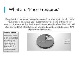 What are “Price Pressures”
Keep in mind that when doing the research on where you should price
your product as always, your customer may demand a “Best Price”
contract. Remember this decision will create a ripple effect, Medicaid will
also demand that “Best Price and Medicaid could constitute about 15%
of your overall business:
CASH
11%
MEDICAID
15%
3RD PARTY
74%
CASH
MEDICAID
3RD PARTY
Important to Know
Remember, in addition
to cost, the clinical value
of your products weighs
very heavily in your
customer’s decision-
making process. In
other words, highly
valued products can
help you drive more
favorable contractual
arrangements.
 