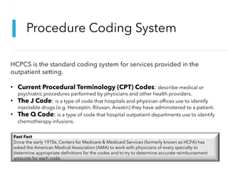 Procedure Coding System
HCPCS is the standard coding system for services provided in the
outpatient setting.
• Current Procedural Terminology (CPT) Codes: describe medical or
psychiatric procedures performed by physicians and other health providers.
• The J Code: is a type of code that hospitals and physician offices use to identify
injectable drugs (e.g. Herceptin, Rituxan, Avastin) they have administered to a patient.
• The Q Code: is a type of code that hospital outpatient departments use to identify
chemotherapy infusions.
Fast Fact
Since the early 1970s, Centers for Medicare & Medicaid Services (formerly known as HCFA) has
asked the American Medical Association (AMA) to work with physicians of every specialty to
determine appropriate definitions for the codes and to try to determine accurate reimbursement
amounts for each code.
 
