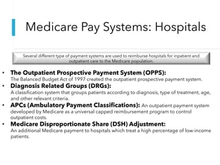 Medicare Pay Systems: Hospitals
Several different type of payment systems are used to reimburse hospitals for inpatient and
outpatient care to the Medicare population.
• The Outpatient Prospective Payment System (OPPS):
The Balanced Budget Act of 1997 created the outpatient prospective payment system.
• Diagnosis Related Groups (DRGs):
A classification system that groups patients according to diagnosis, type of treatment, age,
and other relevant criteria.
• APCs (Ambulatory Payment Classifications): An outpatient payment system
developed by Medicare as a universal capped reimbursement program to control
outpatient costs.
• Medicare Disproportionate Share (DSH) Adjustment:
An additional Medicare payment to hospitals which treat a high percentage of low-income
patients.
 