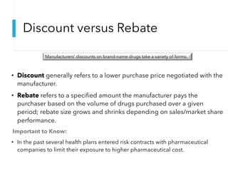 Discount versus Rebate
• Discount generally refers to a lower purchase price negotiated with the
manufacturer.
• Rebate refers to a specified amount the manufacturer pays the
purchaser based on the volume of drugs purchased over a given
period; rebate size grows and shrinks depending on sales/market share
performance.
Important to Know:
• In the past several health plans entered risk contracts with pharmaceutical
companies to limit their exposure to higher pharmaceutical cost.
Manufacturers’ discounts on brand-name drugs take a variety of forms:
 