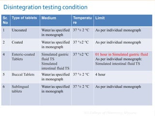 JSS College of Pharmacy, Mysuru
Disintegration testing condition
(USP
)
Sr.
No
Type of tablets Medium Temperatu
re
Limit
1 Uncoated Water/as specified
in monograph
37 °± 2 °C As per individual monograph
2 Coated Water/as specified
in monograph
37 °±2 °C As per individual monograph
4 Enteric-coated
Tablets
Simulated gastric
fluid TS
Simulated
intestinal fluid TS
37 °±2 °C 01 hour in Simulated gastric fluid
As per individual monograph:
Simulated intestinal fluid TS
5 Buccal Tablets Water/as specified
in monograph
37 °± 2 °C 4 hour
6 Sublingual
tablets
Water/as specified
in monograph
37 °± 2 °C As per individual monograph
 