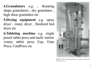 4.Granulators e.g. , Rotating
shape granulators , dry granulator ,
high shear granulator etc
5.Drying equipment e.g. spray
dryer , rotary dryer , fluidized bed
dryer etc
6.Tableting machine e.g. single
punch tablet press and multi station
/rotary tablet press Exp. Fette
Press, CardPress etc
9
 