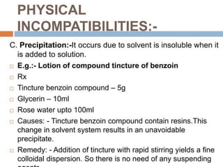 Pharmaceutical incompatibility refers to undesirable physical, chemical ...