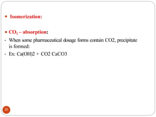 ⚫ Isomerization:
⚫ CO2 – absorption:
- When some pharmaceutical dosage forms contain CO2, precipitate
is formed:
- Ex: Ca(OH)2 + CO2 CaCO3
26
 