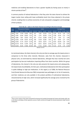 medicines and enabling laboratories to have a greater liquidity by having access to money in
shorter periods of time20.

A common practice of national laboratories is that they enter the state channel to achieve the
largest market share selling with lower profitability levels from those obtained in the private
channel, enabling them to achieve economies of scale and greater propagation and knowledge
of their products.

                  Chart No.22 – Sales in the State Channel according to Business Groups
             Thousands of Dollars                            Units                              Average Price
Year
       C.E.F.A.    Var. %   A.L.N.   Var. % C.E.F.A.   Var. %    A.L.N.    Var. %    C.E.F.A.   Var. %   A.L.N. Var. %
2004    7,062      -13.9% 20,405     3.8%     567       -6.0%    19,535     3.1%      12,46      42.1%    1,04    5.1%
2005    9,449      33.8%    20,835   2.1%     529       -6.7%    18,539     -5.1%     17,86      43.3%    1,12    7.7%
2006    9,808       3.8%    23,933   1.9%     831      57.1%     21,848    17.8%       11,8      -3.9%    1,1    -1.8%
2007   10,962      11.8%    26,501 10.7%      568      -31.6%    22,695     3.9%       19,3      63.6%    1,17    6.4%
2008   14,442      31.7%    29,547 11.5%      395      -30.5%    23,071     1.7%      39,56     105.0%    1,28    9.4%
2009   20,718      43.5%    31,494   6.6%     585      48.1%     20,676    -10.4%     35,41     -10.5%    1,52   18.8%
2010   28,303      36.6%    37,986 20.6%      685      17.1% 21,634         4.6%      41,32      16.7%    1,76   15.8%
                                                    Source: C.E.F.A



As mentioned above, the State channel is the only one that on average pays the lowest prices in
comparison to the three other channels. Moreover, sales from this channel, measured in
physical units, are dominated by national laboratories, although they have recently lost some
participation by low-cost medications importing offices from Asian countries. Within this group
of laboratories, this channel is the only one who presents the lowest prices and subsequently,
the lowest levels of profitability. On their part, multinational laboratories limit their participation
in public biddings to high-cost medications. In this regard, as of 2008, the National Resource
Fund (Fondo Nacional de Recursos-FNR) incorporated new pathologies to its list of treatments,
and their medicines are only available in the product portfolio of multinational laboratories,
characterized by its high costs, which increased significantly the average prices received by this
group of laboratories.




20
  Prior to the creation of the State Centralized Purchasing Unit (Unidad Centralizada de Compras del Estado-UCA), due
to the failure and delays of their payments, prices of sales carried out through this channel presented a high financial
component.
                                                                                                                    40
 