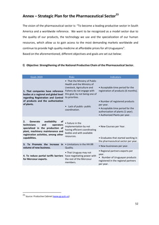 Annex – Strategic Plan for the Pharmaceutical Sector23

The vision of the pharmaceutical sector is: “To become a leading productive sector in South
America and a worldwide reference. We want to be recognized as a model sector due to
the quality of our products, the technology we use and the specialization of our human
resources, which allow us to gain access to the most demanding markets worldwide and
continue to provide high quality medicine at affordable prices for all Uruguayans”.
Based on the aforementioned, different objectives and goals are set out below:


I) Objective: Strengthening of the National Productive Chain of the Pharmaceutical Sector.


         Goals 2020                       Risks                                 Indicators
                                      • That the Ministry of Public
                                      Health and the Ministry of
                                      Livestock, Agriculture and     • Acceptable time period for the
1. That companies have reference      Fishery do not engage with     registration of products (6 months).
bodies at a regional and global level this goal, by not being one of
regarding Registration and Control its priorities.
of products and the authorization                                    • Number of registered products
of plants.                                                           per year.
                                      • Lack of public- public
                                                                     • Acceptable time period for the
                                      coordination.
                                                                     authorization of plants (1 year).
                                                                     • Authorized Plants per year.

2.    Generate       availability  of
                                      • Failure in the
technicians       and       operators
                                      implementation by not         • New Courses per Year.
specialized in the production of
                                      having efficient coordinating
plant, machinery maintenance and
                                      bodies and with available
registration activities, among other
                                      resources.
capabilities.                                                       • Graduates that started working in
                                                                    the pharmaceutical sector per year.
3. To Promote the increase in • Limitations in the HH.RR
                                                                    • New businesses per year.
volume of new business.               Quality.
                                                                    • Regional partners exports per
                                      • That Uruguay may not
                                                                    year.
4. To reduce partial tariffs barriers have negotiating power with
                                                                    • Number of Uruguayan products
for Mercosur exports.                 the rest of the Mercosur
                                                                    registered in the regional partners
                                      members.
                                                                    per year.




23
     Source: Productive Cabinet (www.gp.gub.uy)


                                                                                                      52
 