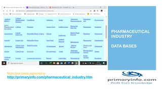 PHARMACEUTICAL
INDUSTRY
DATA BASES
More data bases explained at
http://primaryinfo.com/pharmaceutical_industry.htm
 