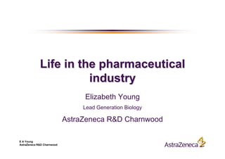 Life in the pharmaceutical
                       industry
                                 Elizabeth Young
                                 Lead Generation Biology

                            AstraZeneca R&D Charnwood

E A Young
AstraZeneca R&D Charnwood
 