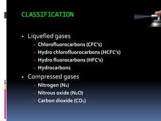 CLASSIFICATION
 Liquefied gases
 Chlorofluorocarbons (CFC’s)
 Hydro chlorofluorocarbons (HCFC’s)
 Hydro fluorocarbons (HFC’s)
 Hydrocarbons
 Compressed gases
 Nitrogen (N2)
 Nitrous oxide (N2O)
 Carbon dioxide (CO2)
 