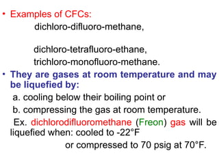• Examples of CFCs:
dichloro-difluoro-methane,
dichloro-tetrafluoro-ethane,
trichloro-monofluoro-methane.
• They are gases at room temperature and may
be liquefied by:
a. cooling below their boiling point or
b. compressing the gas at room temperature.
Ex. dichlorodifluoromethane (Freon) gas will be
liquefied when: cooled to -22°F
or compressed to 70 psig at 70°F.
 