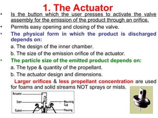 1. The Actuator
• Is the button which the user presses to activate the valve
assembly for the emission of the product through an orifice.
• Permits easy opening and closing of the valve.
• The physical form in which the product is discharged
depends on:
a. The design of the inner chamber.
b. The size of the emission orifice of the actuator.
• The particle size of the emitted product depends on:
a. The type & quantity of the propellant.
b. The actuator design and dimensions.
Larger orifices & less propellant concentration are used
for foams and solid streams NOT sprays or mists.
 