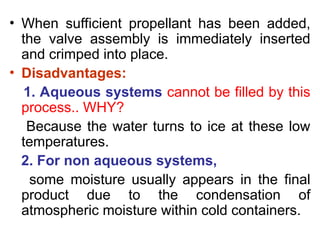 • When sufficient propellant has been added,
the valve assembly is immediately inserted
and crimped into place.
• Disadvantages:
1. Aqueous systems cannot be filled by this
process.. WHY?
Because the water turns to ice at these low
temperatures.
2. For non aqueous systems,
some moisture usually appears in the final
product due to the condensation of
atmospheric moisture within cold containers.
 