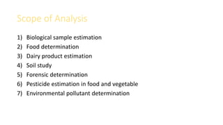 Scope of Analysis
1) Biological sample estimation
2) Food determination
3) Dairy product estimation
4) Soil study
5) Forensic determination
6) Pesticide estimation in food and vegetable
7) Environmental pollutant determination
 