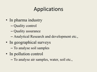 Applications
• In pharma industry
– Quality control
– Quality assurance
– Analytical Research and development etc.,
• In geographical surveys
– To analyse soil samples
• In pollution control
– To analyse air samples, water, soil etc.,
 