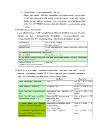 • Pendistribusian ke rumah sakit satelit / UPK lain
Rumah sakit satelit / UPK lain mengajukan permintaan dengan mengunakan
formulir permintaan obat ARV sesuai kebutuhan kepada rumah sakit rujukan
disertai dengan laporan pemakaian, dan melampirkan surat pengantar dari
dokter / tim HIV-AIDS.Penyerahan obat ARV dilakukan sesuai prosedur yang
berlaku.
Contoh Perhitungan Perencanaan
(1) Anda adalah manager PMTCT yang berlokasi di Provinsi Sejahtera yang baru terbentuk
dengan Ibu Kota Bahagia.Standar Pengobatan merekomendasikan untuk
menggunakan 5 item ARV untuk terapi tahap pertama untuk dewasa dan remaja :
Stavudine (d4T) 30 or 40 mg dua kali sehari
Lamivudine (3TC) 150 mg dua kali sehari
Nevirapine (NVP) 200 mg setiap hari untuk 2 minggu, selanjutnya 200 mg 2 kali
sehari
Jika ada kasus intoleransi Stavudine maka digunakan :
Zidovudine (ZDV) 100 mg, 250 mg atau 300 mg
Jika ada kasus in toleransi neviravipene, atau untuk menghindarkan interaksi obat ketika menngunakan
Rifamficin pada TB rejimen :
Efavirenz (EFZ) 600 mg Setiap hari
Obat ARV Second Line belum tersedia
(2) Klinik anda diperkirakan mempunyai pasien ANC 1000 orang per bulan , dengan
estimasi sero-prevalence sekitar 10 %. Sayangnya anda hanya melayani pasien baru
saja. Hitung kebutuhan obat ARV sesuai dengan tahapan di atas
Satu Bulan Satu Tahun
Jumlah klien baru ANC, setiap bulan 1000 1000 org x 12 bulan
=12.000 org/tahun
Jumlah pasien ANC yang HIV + 10 % x 1000 = 100 100 org x 12 bulan = 1.200
org/tahun
Jumlah Pasien HIV + yang membutuhkan
RX
Diasumsikan 5 % dari Pasien HIV + 5 %
x 100 = 5 org
5 org x 12 bulan = 60
org/tahun
Jumlah Pasien HIV + yang membutuhkan
RX dengan berat lebih dari 60 kg
Di asumsikan 50 % dari pasien yang
membutuhkan ARV
50% x 5 = 2,5 org/bulan
2,5 org x 12 bulan org = 30
org/tahun
% Jumlah pasien yang mendapat
perawatan in tolerans terhadap d4T
Di asumsikan 20% dari pasien dengan
berat badan 60 kg
20% x 2,5 = 0,5 0rang
0,5 org x 12 bulan = 6
org/tahun
% Jumlah pasien yang mempunyai infeksi
opportunistik : 20% dari jumlah pasien
yang membutuhkan ARV
20 % x 5 0rang = 1 org/bulan 1 org x 12 bulan = 12
org/tahun
 