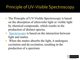  The Principle of UV-Visible Spectroscopy is based
on the absorption of ultraviolet light or visible light
by chemical compounds, which results in the
production of distinct spectra.
 Spectroscopy is based on the interaction between
light and matter.
 When the matter absorbs the light, it undergoes
excitation and de-excitation, resulting in the
production of a spectrum.
 