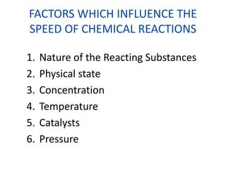 FACTORS WHICH INFLUENCE THE
SPEED OF CHEMICAL REACTIONS
1. Nature of the Reacting Substances
2. Physical state
3. Concentration
4. Temperature
5. Catalysts
6. Pressure
 