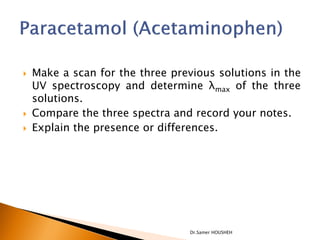    Make a scan for the three previous solutions in the
    UV spectroscopy and determine λmax of the three
    solutions.
   Compare the three spectra and record your notes.
   Explain the presence or differences.




                                 Dr.Samer HOUSHEH
 