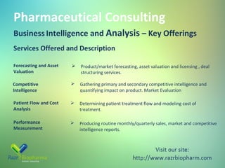 Pharmaceutical Consulting
Business Intelligence and Analysis – Key Offerings
Services Offered and Description
Forecasting and Asset
Valuation



Product/market forecasting, asset valuation and licensing , deal
structuring services.

Competitive
Intelligence



Gathering primary and secondary competitive intelligence and
quantifying impact on product. Market Evaluation

Patient Flow and Cost
Analysis



Determining patient treatment flow and modeling cost of
treatment.

Performance
Measurement



Producing routine monthly/quarterly sales, market and competitive
intelligence reports.

 