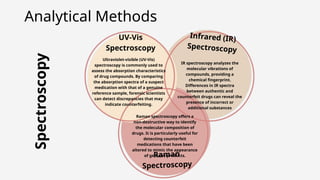 Analytical Methods
Spectroscopy UV-Vis
Spectroscopy
Infrared (IR)
Spectroscopy
Raman
Spectroscopy
Ultraviolet-visible (UV-Vis)
spectroscopy is commonly used to
assess the absorption characteristics
of drug compounds. By comparing
the absorption spectra of a suspect
medication with that of a genuine
reference sample, forensic scientists
can detect discrepancies that may
indicate counterfeiting.
IR spectroscopy analyzes the
molecular vibrations of
compounds, providing a
chemical fingerprint.
Differences in IR spectra
between authentic and
counterfeit drugs can reveal the
presence of incorrect or
additional substances
Raman spectroscopy offers a
non-destructive way to identify
the molecular composition of
drugs. It is particularly useful for
detecting counterfeit
medications that have been
altered to mimic the appearance
of genuine products.
 