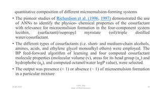 quantitative composition of different microemulsion-forming systems
• The pioneer studies of Richardson et al. (1996, 1997) demonstrated the use
of ANNs to identify the physico- chemical properties of the cosurfactant
with relevance for microemulsion formation in the four-component system
lecithin, (surfactant)/isopropyl myristate (oil)/triple distilled
water/cosurfactant.
• The different types of cosurfactants (i.e. short- and medium-chain alcohols,
amines, acids, and ethylene glycol monoalkyl ethers) were employed. The
BP feed-forward algorithm of learning and four computed cosurfactant
molecule properties (molecular volume (v), areas for its head group (aψ) and
hydrophobe (aϕ), and computed octanol/water logP value), were selected.
• The output was presence (+ 1) or absence (− 1) of microemulsion formation
in a particular mixture
25-04-2020
COPS, DSU
Dept. of Pharmaceutics
14
 