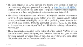 • The data required for ANN training and testing were extracted from the
pseudo-ternary diagrams generated previously by Aboofazeli et al. (1994),
together with the additional data from four pseudo ternary phase diagrams
constructed at a fixed weight ratio of surfactant-to-cosurfactant 1:1.
• The trained ANN (the in-house software YANNI) with the final architecture
involving 6 input neurons, a single hidden layer of 14 neurons, and 1 output
neuron, was shown to be highly successful in predicting phase behavior for
the investigated systems from the computed values of v, aψ, aϕ, and logP,
achieving mean success rates of 96.7 and 91.6% for training and test data,
respectively.
• These investigations pointed to the potential of the trained ANN to screen
out cosurfactants considering only the molecule features and gave an idea
for more general networks, trained with data on systems involving other
oils, surfactants, and surfactant-to-cosurfactant ratios
25-04-2020
COPS, DSU
Dept. of Pharmaceutics
16
 
