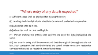 “Where entry of any data is expected”
(i) Sufficient space shall be provided for making the entry.
(ii) Heading shall clearly indicate what is to be entered, and who is responsible.
(iii) All entries shall be in ink.
(iv) All entries shall be clear and legible.
(v) Person making the entries shall confirm the entry by initialing/signing the
same.
(vi) An error in entry shall be so corrected that the original (wrong) entry is not
lost. Such correction shall also be initialed and dated. Where necessary, reason for
correction shall also be recorded, initialed and dated
7/26/2018 ‘IF IT’S NOT WRITTEN DOWN, THEN IT DIDN’T HAPPEN!’ 12
 