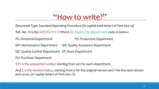 “How to write?”
20
Document Type: Standard Operating Procedure (In capital bold letters of font size 14)
Ref. No.: It is like SOP/DC/YYY-Z Where DC depicts the department code as below:
PE: Personnel Department PD: Production Department
MT: Maintenance Department QA: Quality Assurance Department
QC: Quality Control Department ST: Store Department
PU: Purchase Department
YYY is the sequential number starting from 001 for each department.
And Z is the revision status, starting from 0 for the original version and 1 for the next version
and so on. (In capital letters of font size 12).
 