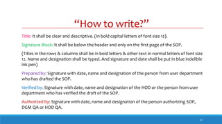 “How to write?”
22
Title: It shall be clear and descriptive. (In bold capital letters of font size 12).
Signature Block: It shall be below the header and only on the first page of the SOP.
(Titles in the rows & columns shall be in bold letters & other text in normal letters of font size
12. Name and designation shall be typed. And signature and date shall be put in blue indelible
ink pen)
Prepared by: Signature with date, name and designation of the person from user department
who has drafted the SOP.
Verified by: Signature with date, name and designation of the HOD or the person from user
department who has verified the draft of the SOP.
Authorized by: Signature with date, name and designation of the person authorizing SOP,
DGM QA or HOD QA.
 