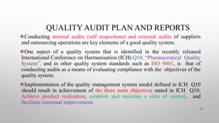 QUALITY AUDIT PLAN AND REPORTS
34
Conducting internal audits (self inspections) and external audits of suppliers
and outs...