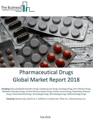 Pharmaceutical Drugs
Global Market Report 2018
Including: Musculoskeletal Disorders Drugs; Cardiovascular Drugs; Oncology Drugs; Anti-infective Drugs;
Metabolic Disorders Drugs; Central Nervous System Drugs; Genito-urinary Drugs; Respiratory Diseases
Drugs; Gastrointestinal Drugs; Hematology Drugs; Dermatology Drugs; Ophthalmology Drugs
Covering: Novartis AG, Sanofi S.A, F. Hoffmann-La Roche Ltd., Pfizer Inc., Gilead Sciences Inc.
Feb 2018
 