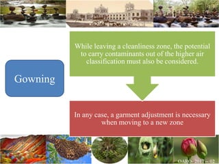 In any case, a garment adjustment is necessary
when moving to a new zone
While leaving a cleanliness zone, the potential
to carry contaminants out of the higher air
classification must also be considered.
Gowning
 