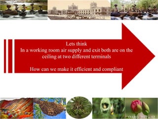 Lets think
In a working room air supply and exit both are on the
ceiling at two different terminals
How can we make it efficient and compliant
 