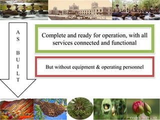 A
S
B
U
I
L
T
Complete and ready for operation, with all
services connected and functional
But without equipment & operating personnel
 