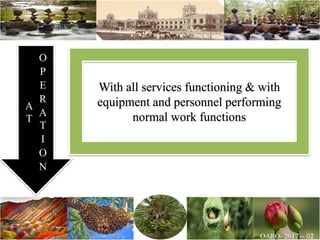 With all services functioning & with
equipment and personnel performing
normal work functions
A
T
O
P
E
R
A
T
I
O
N
 