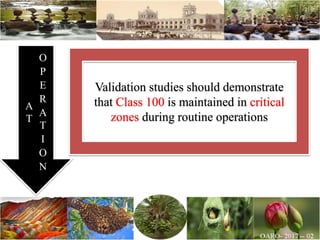 Validation studies should demonstrate
that Class 100 is maintained in critical
zones during routine operations
A
T
O
P
E
R
A
T
I
O
N
 