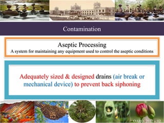 Contamination
Aseptic Processing
A system for maintaining any equipment used to control the aseptic conditions
Adequately sized & designed drains (air break or
mechanical device) to prevent back siphoning
 