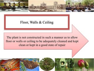 The plant is not constructed in such a manner as to allow
floor or walls or ceiling to be adequately cleaned and kept
clean or kept in a good state of repair
Floor, Walls & Ceiling
 